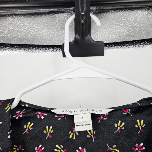 Diane Von Furstenberg Dress Black Lizbeth Silk Floral V-Neck Long Sleeve Size 4 - Picture 2 of 8